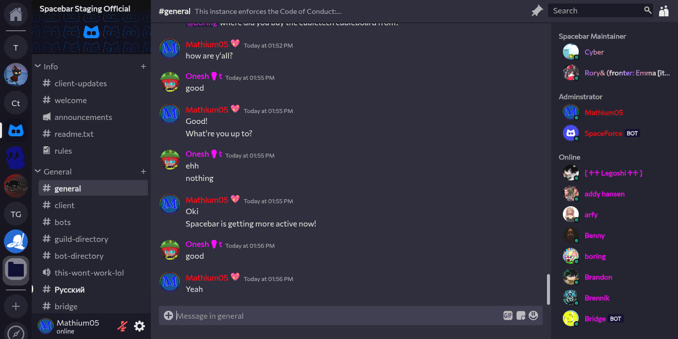 Official Fermi homepage screenshot: a Discord-like client on Spacebar Staging Official, Mathium05 chatting in #general.