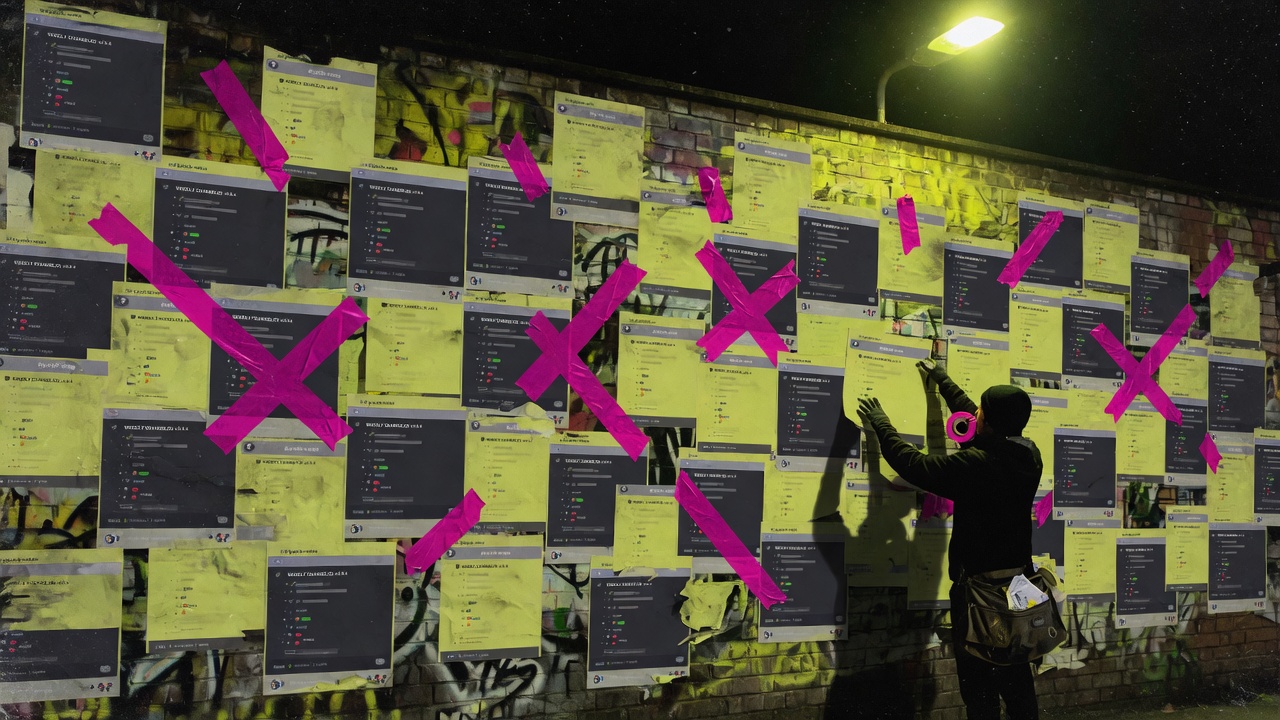 A night wall plastered with identical chat-changelog flyers, a person taping up another copy.